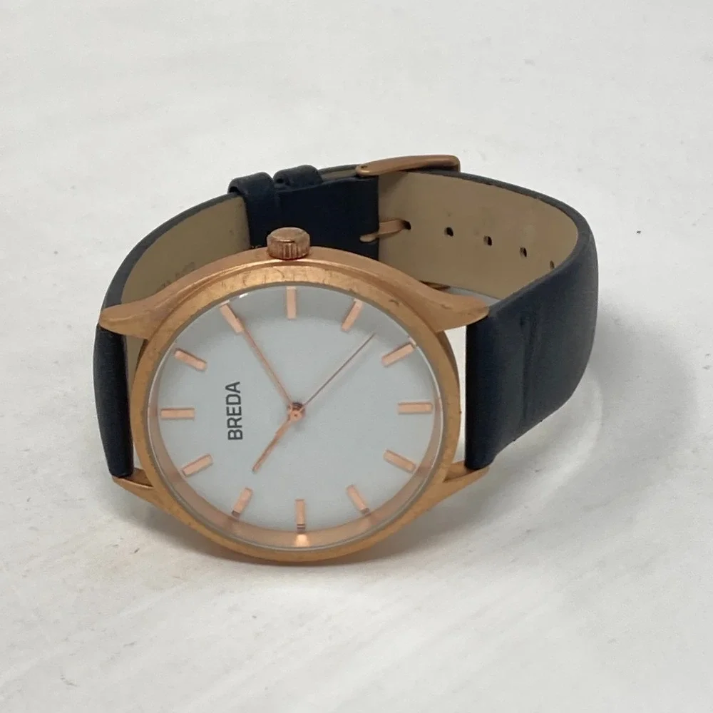 Breda Watch Men Women 40mm Rose Gold Tone Matte Black Leather New Battery 9
